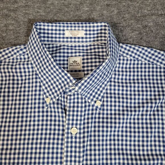 Vtg Peter Millar Nanoluxe Mens Button Down Long Sleeve Shirt Sz L Blue Gingham - Picture 3 of 11